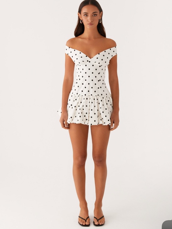 Peppermayo Dresses & Skirts - Endless Romance Off Shoulder Mini Dress - White Polka Dot